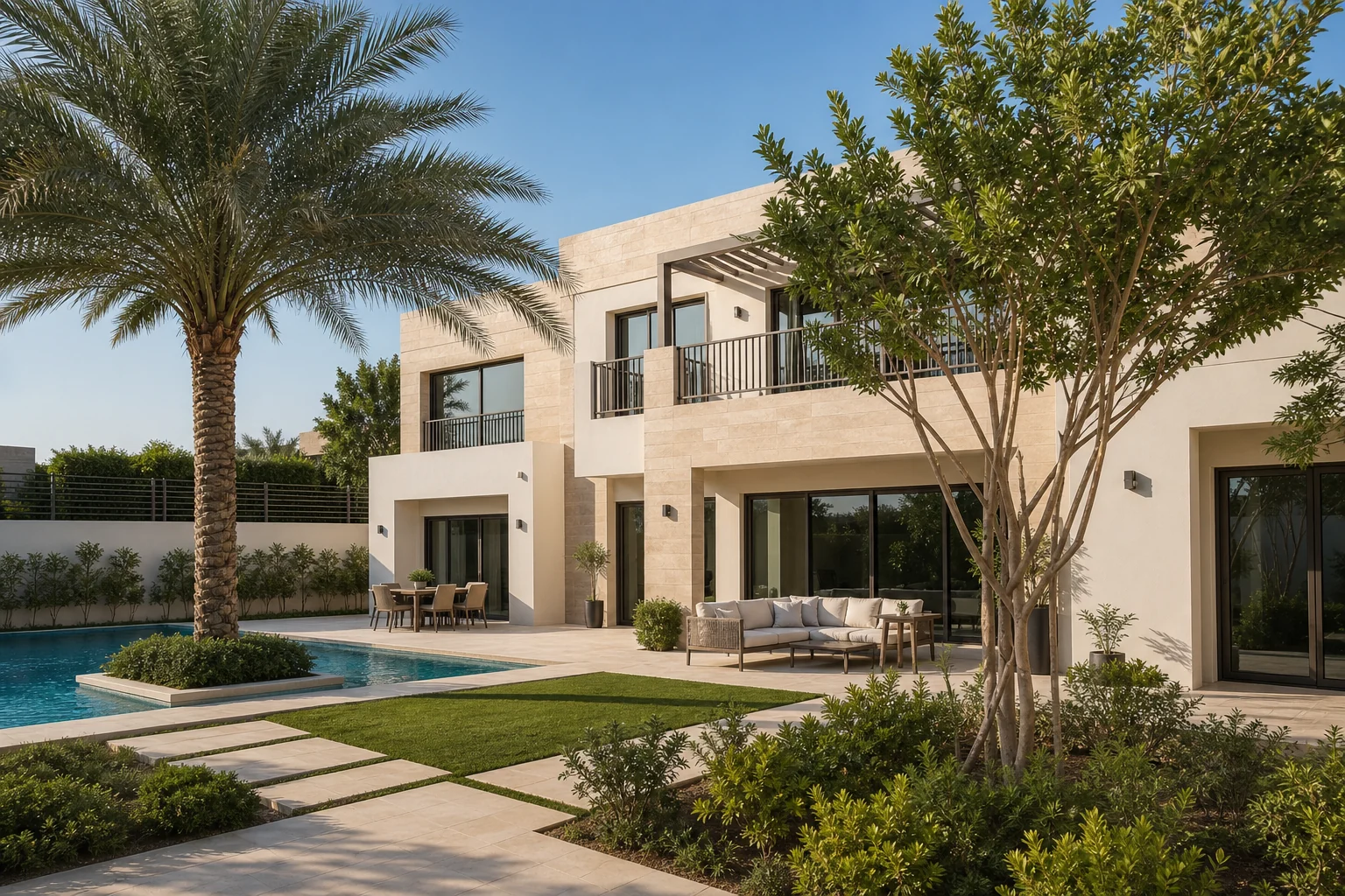 Contemporary Dubai villa with a landscaped courtyard and pool