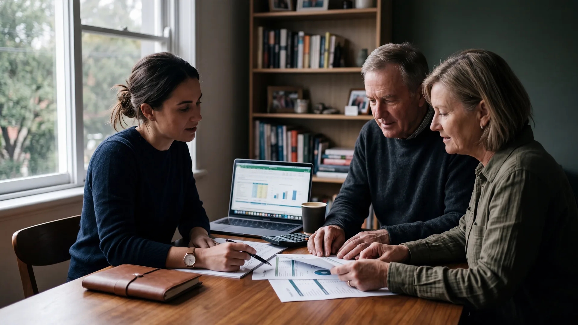 NewGen broker reviewing paperwork and finance options with clients at a desk